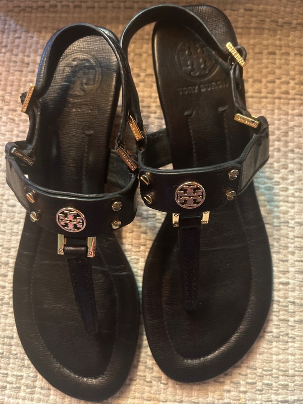 Tory Burch Black Leather T-Strap Sandals with Gold Logo